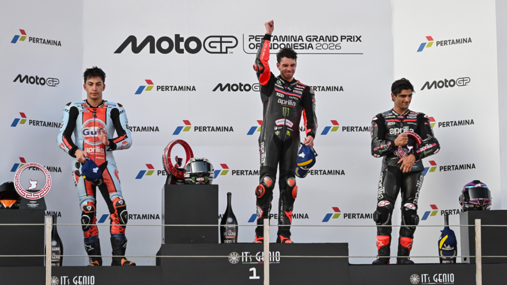 MOTOGP 2026, GP DA INDONÉSIA, MANDALIKA, PÓDIO, MARCO BEZZECCHI, JORGE MARTÍN, APRILIA, RAÚL FERNÁNDEZ, TRACKHOUSE