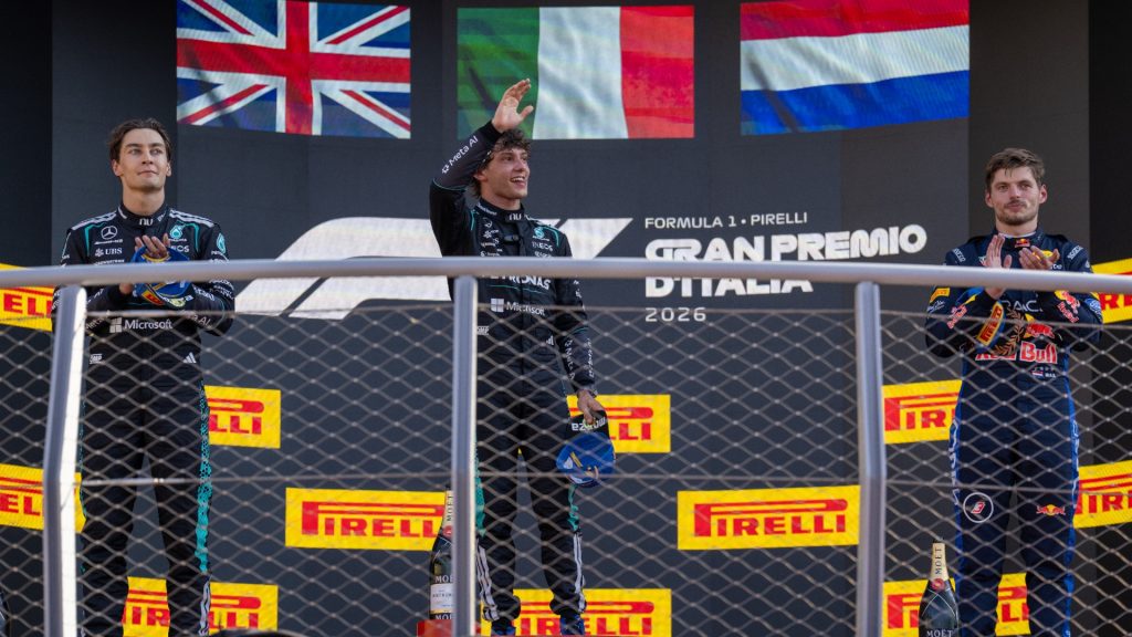 F1 2026, ITÁLIA, DOMINGO, CORRIDA, PÓDIO, GABRIEL LÓPEZ, MERCEDES, RED BULL, KIMI ANTONELLI, GEORGE RUSSELL, MAX VERSTAPPEN, RETRATO