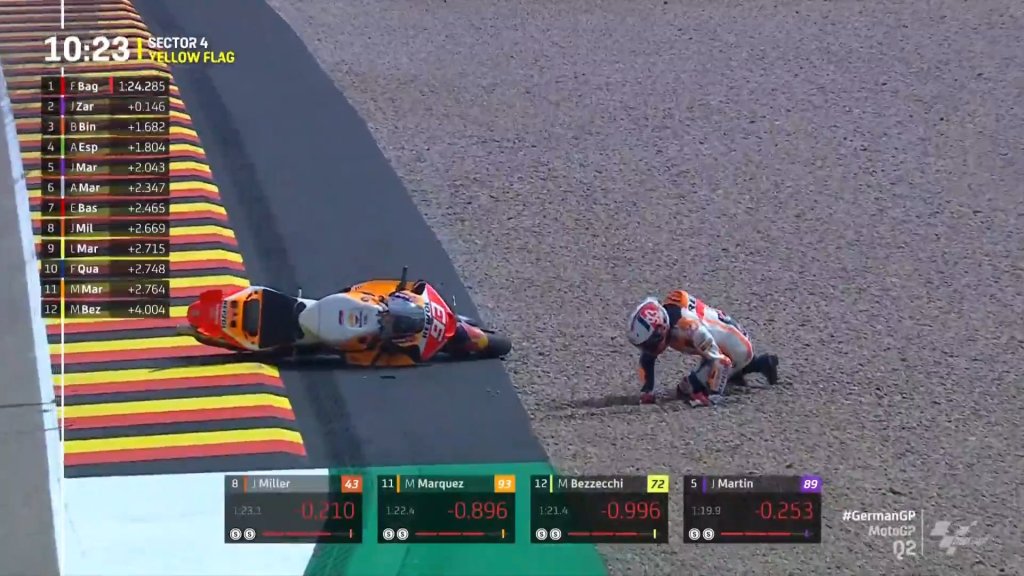 Marc Márquez se cae tres veces durante la clasificación en Sachsenring
