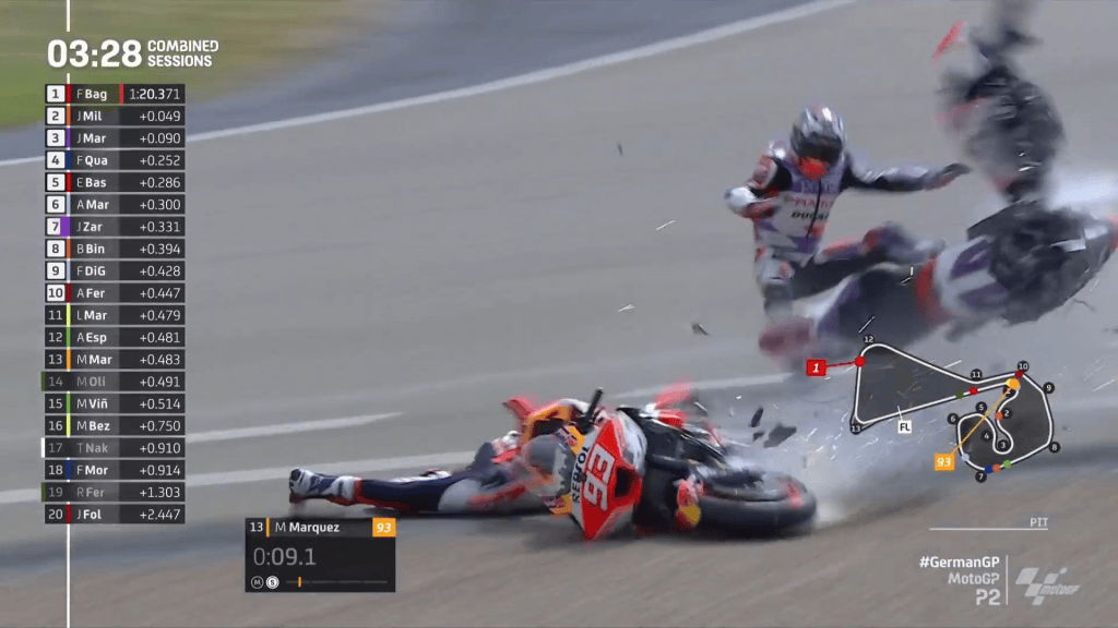 Marc Márquez cai de novo, acerta Zarco e parte Ducati ao meio no treino 2 na Alemanha