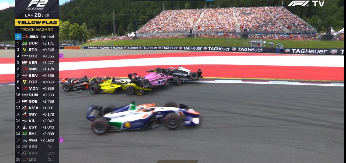 Cordeel roda e é atropelado por Minì, Fornaroli e Bennett na corrida sprint da F2 na Áustria