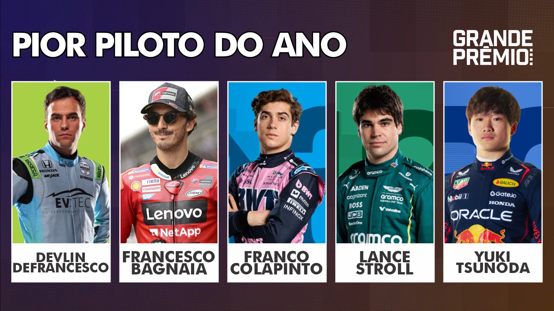 Piores do Ano 2025: DeFrancesco, Bagnaia, Colapinto, Stroll ou Tsunoda: qual o pior?