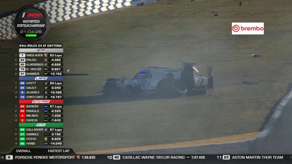 Porsche de GTD choca contra un auto de la clase LMP2 y causa la cuarta FCY de las 24 horas de Daytona