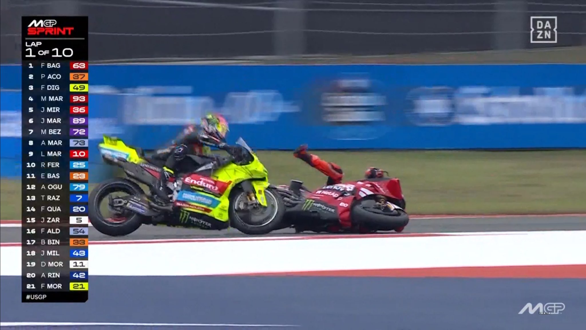 Marc Márquez atinge Di Giannantonio e provoca queda dupla na 1ª volta da sprint nos EUA
