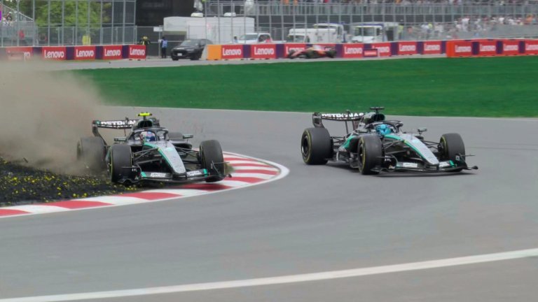 Antonelli e George Russell também tiveram a primeira grande briga pela vitória no GP do Canadá. O embate foi apertado, mas o italiano levou a melhor após o britânico abandonar após o superaquecimento da bateria no carro #63.