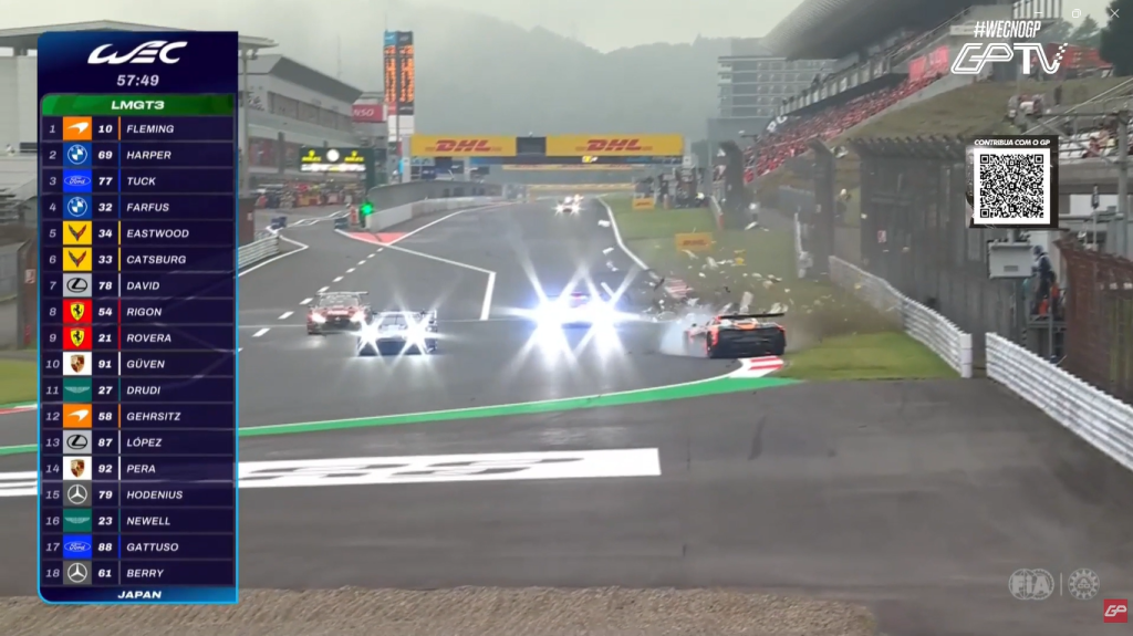 Gehrsitz roda McLaren #58 após receber toque de Drudi e bate forte nas 6 Horas de Fuji