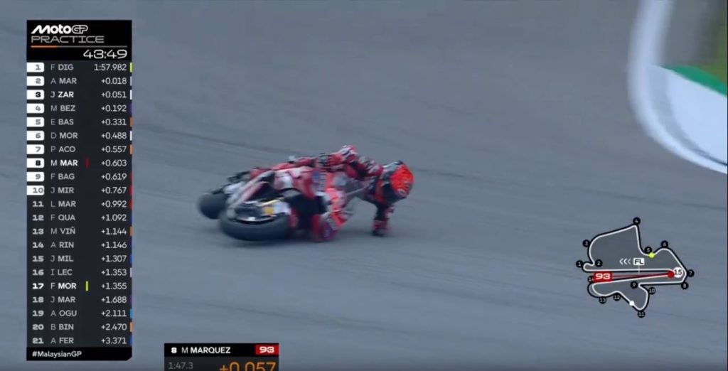 Marc Márquez perde dianteira da moto e cai durante treino da MotoGP na Malásia